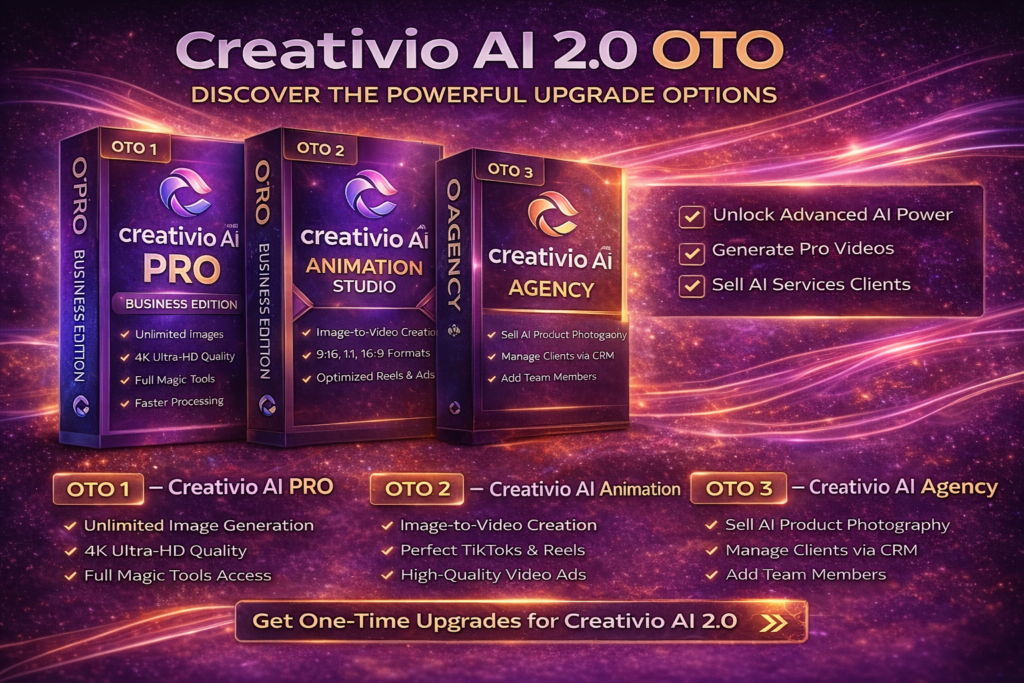 Creativio AI 2.0 OTO upgrades including pro animation studio and agency license